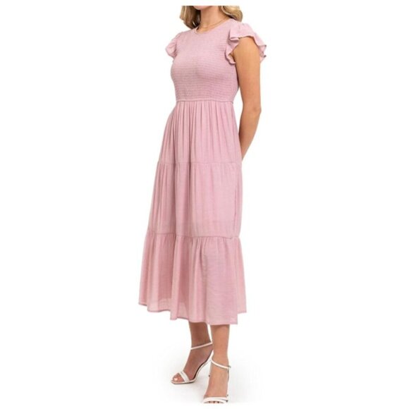 August Sky Womens Smocked Ruffle Sleeve Tiered Midi Summer Dress Medium Pink Blu - Picture 2 of 10